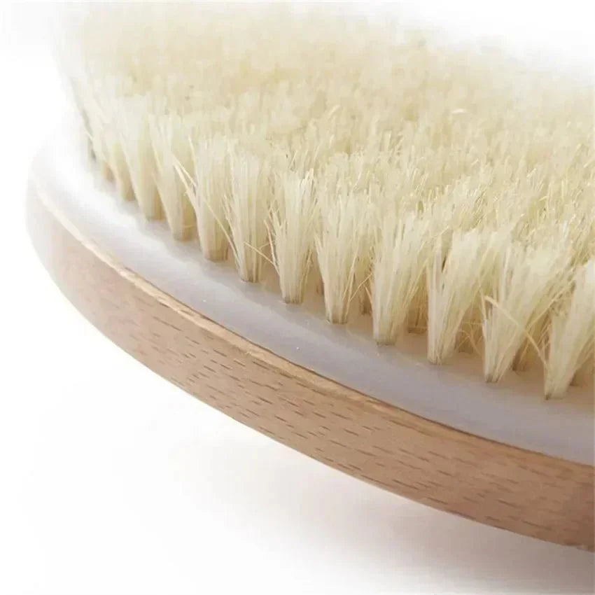 Wooden Long Handle Bath Brush, Soft Pig Bristle Body Cleaning and Massage Tool