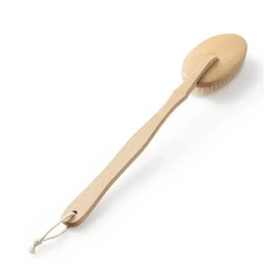 Wooden Long Handle Bath Brush, Soft Pig Bristle Body Cleaning and Massage Tool