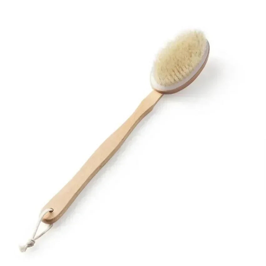Wooden Long Handle Bath Brush, Soft Pig Bristle Body Cleaning and Massage Tool
