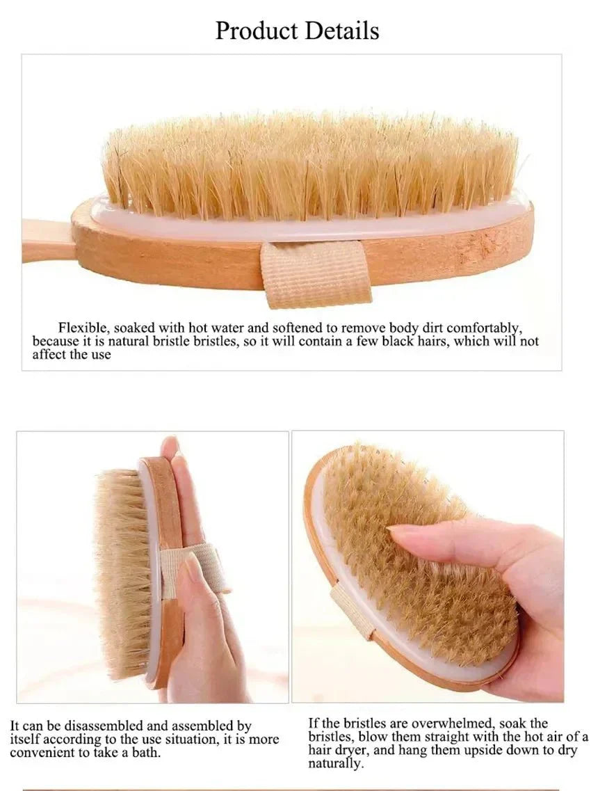 Wooden Long Handle Bath Brush, Soft Pig Bristle Body Cleaning and Massage Tool