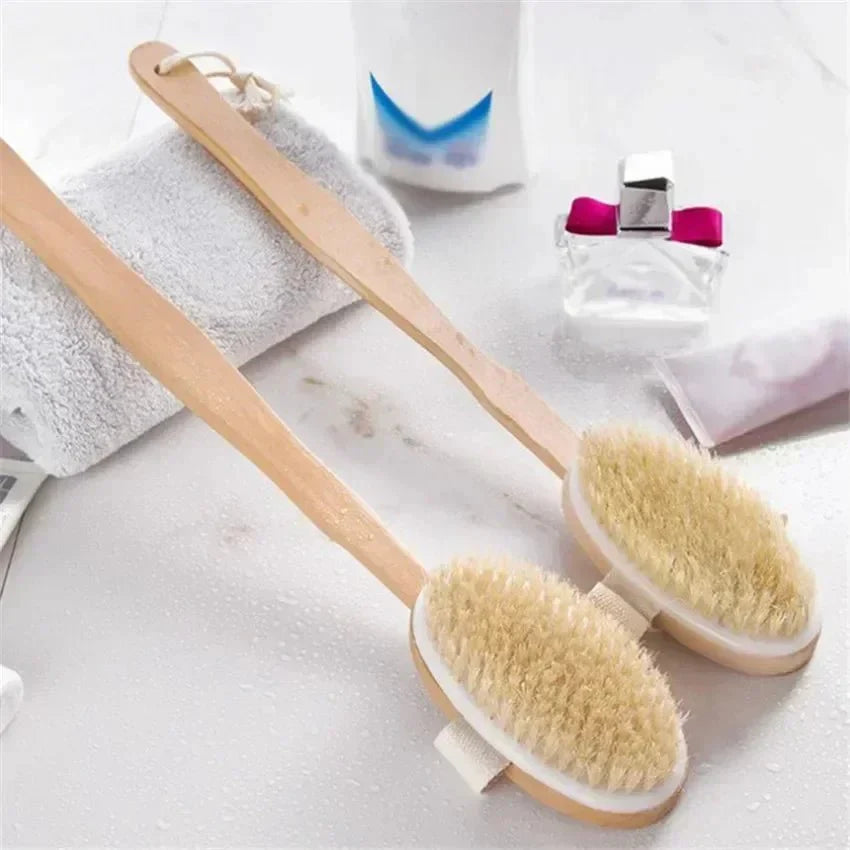 Wooden Long Handle Bath Brush, Soft Pig Bristle Body Cleaning and Massage Tool