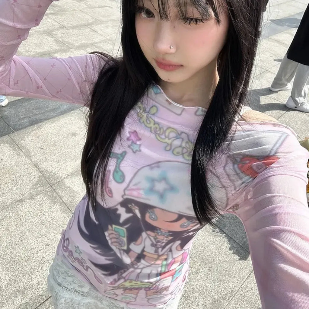 Y2K Anime Print Mesh Top – Pink Sheer Harajuku Kawaii T-Shirt