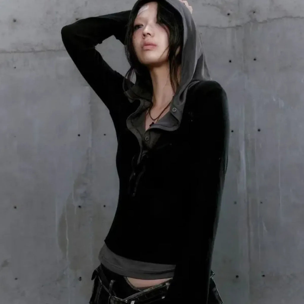 Patchwork Hooded Top – Y2K Cyber Grunge Slim Fit Knit Pullover