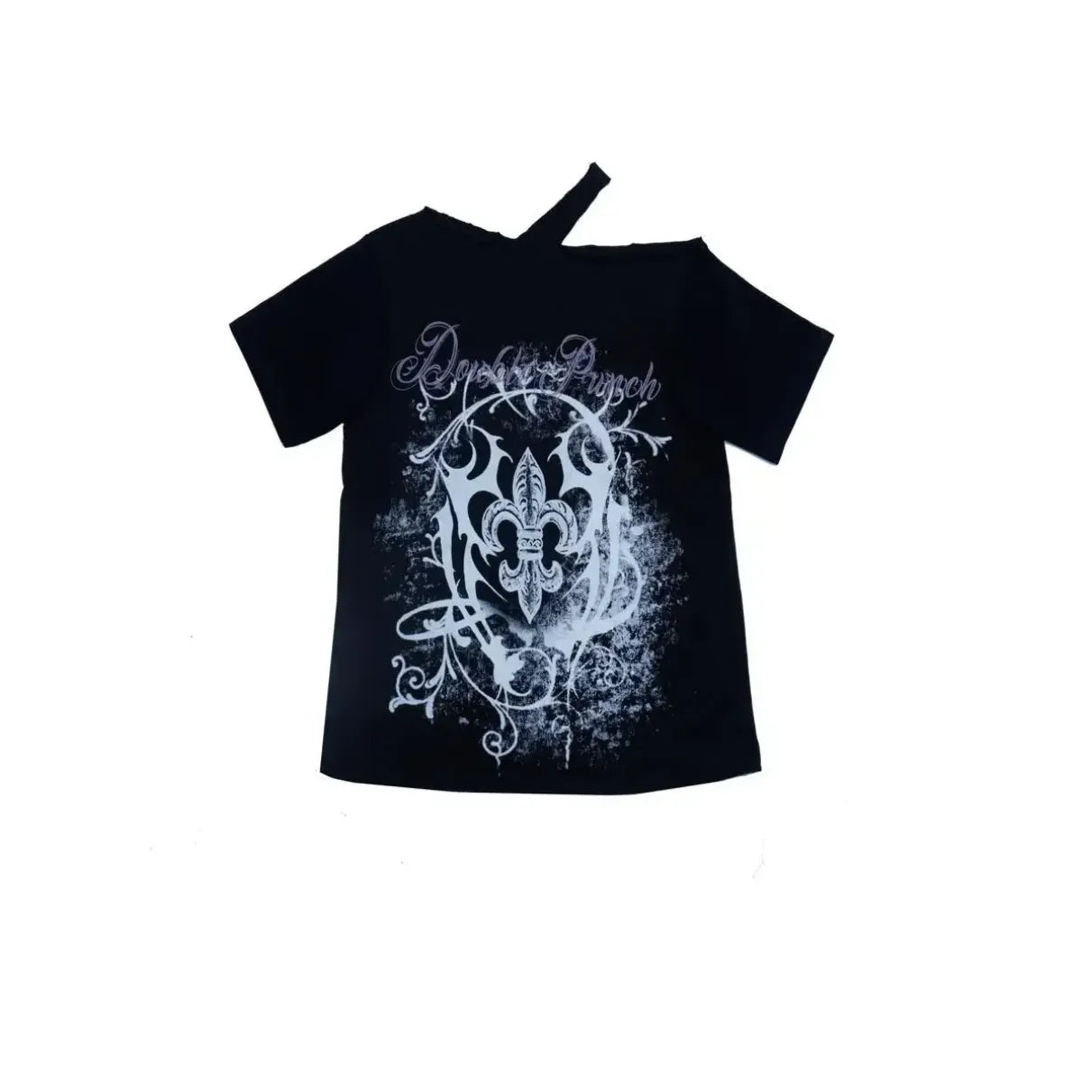 Black Gothic Print T-Shirt – Off-Shoulder Y2K Grunge Tee