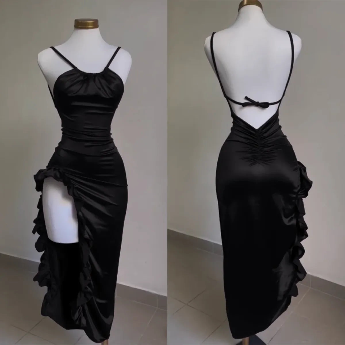 Y2K Sexy Halter Dress - Ruffled High-Slit Spice Girl Gown